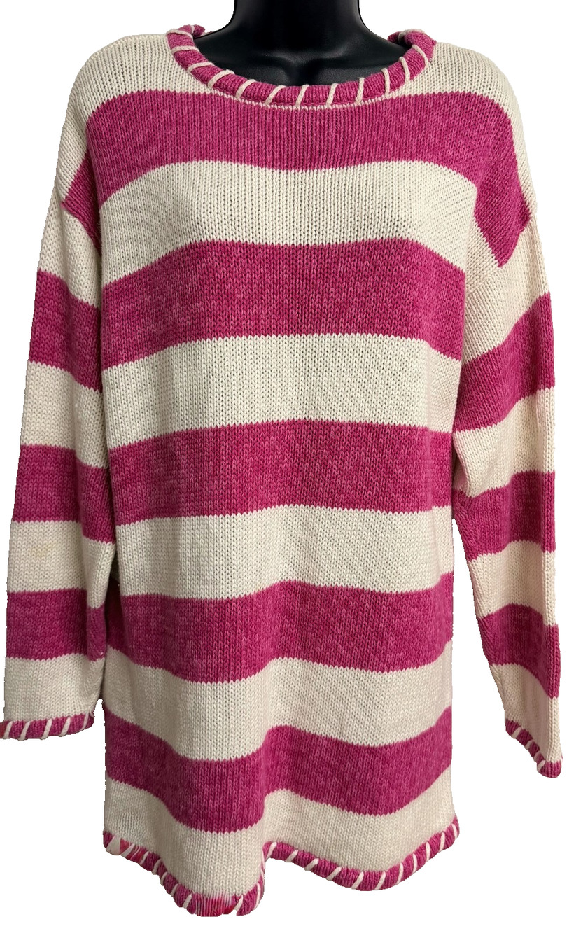 Vintage Hunt Club Sweater Women's Medium Pink White Striped Whipstitch Trim NEW